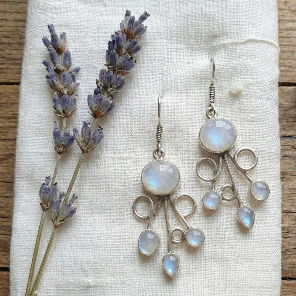 925 Sterling Silver Moonstone Dangle Earrings Artisan Boho Swirl Drop Gift 2.2" - Picture 4 of 14